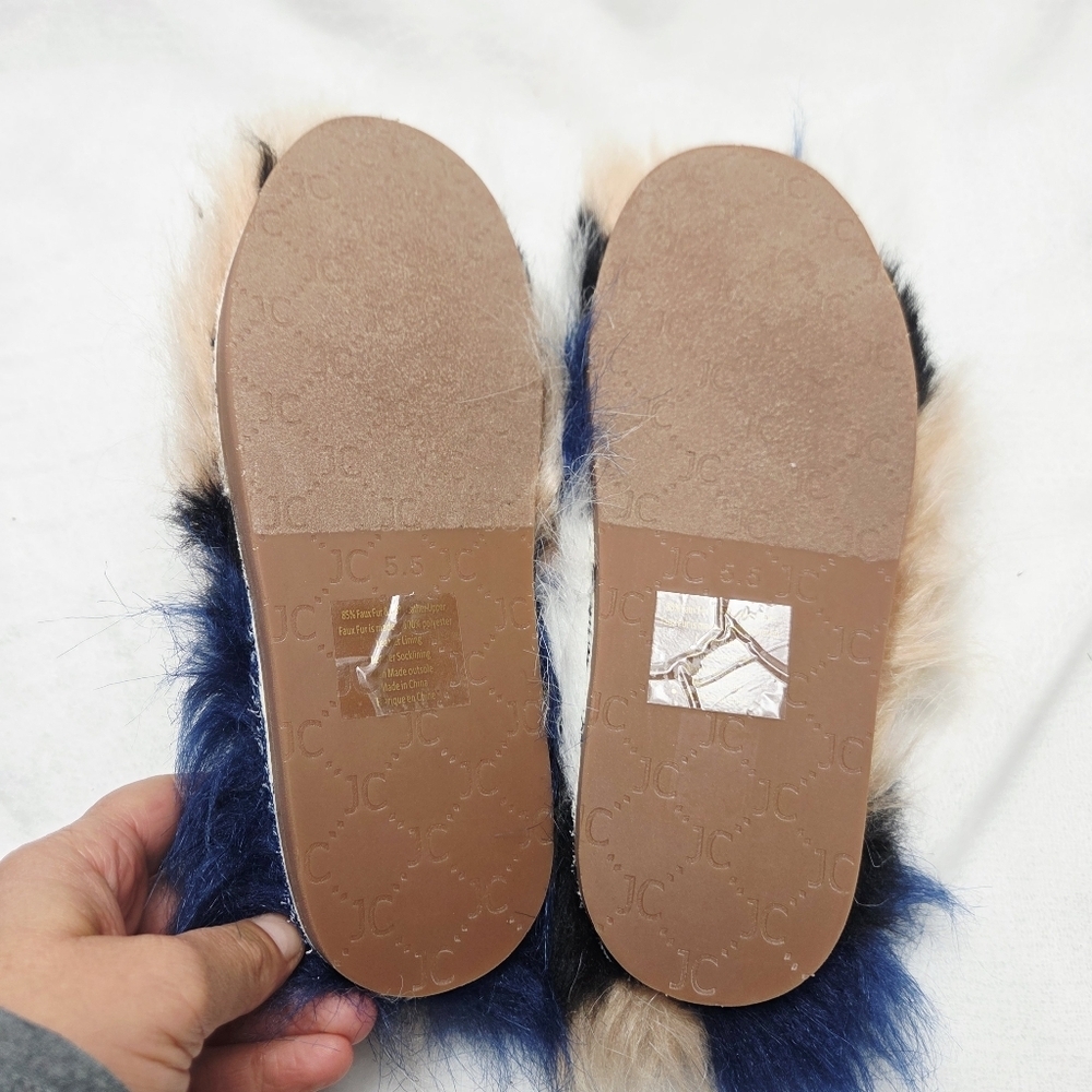 Jeffrey Campbell Rlxathome Faux Fur Mule Slide Slipper Beige Blue Combo - Picture 5 of 7